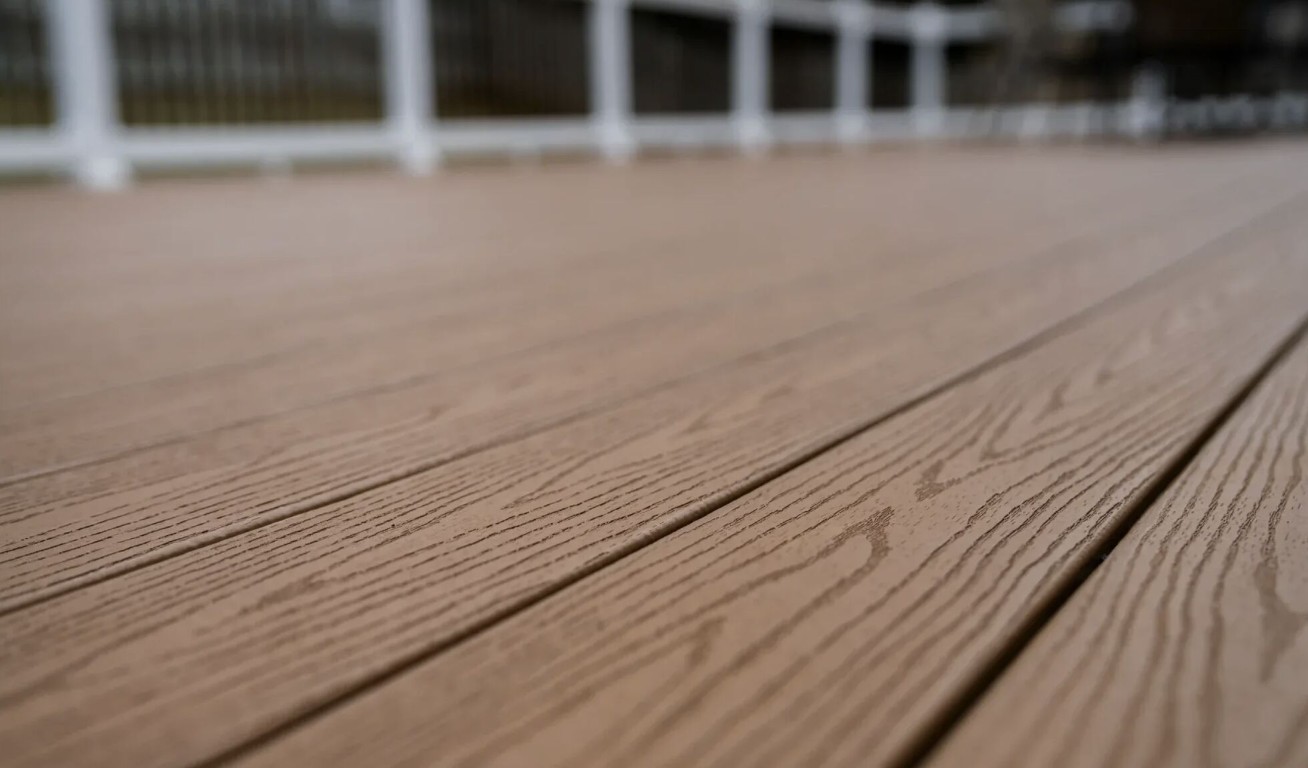 Close-up of composite deck material showing durability and texture